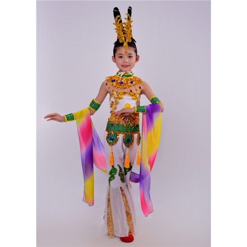 Children girls chinse folk dance costumes fairy Guanyin flying dance national dance clothes Dunhuang dance performance clothing